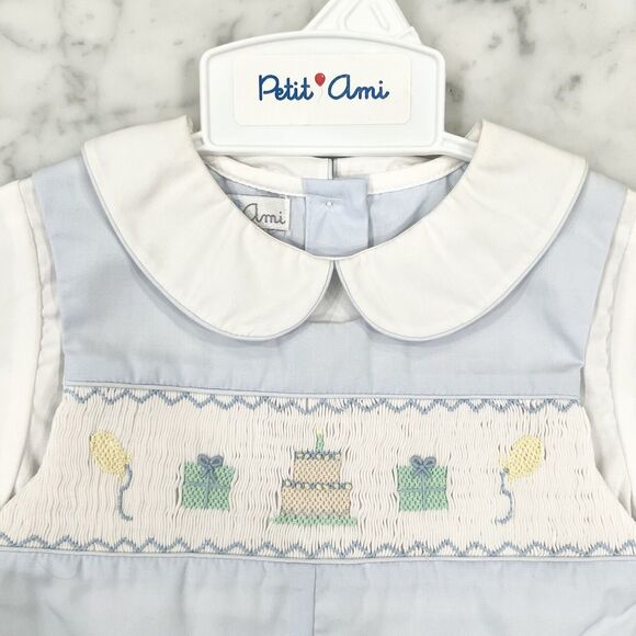 Petit Ami Boys Birthday Blue Smocked Embroidered Jon Jon 2-Piece Romper 24 Mths - Picture 4 of 10